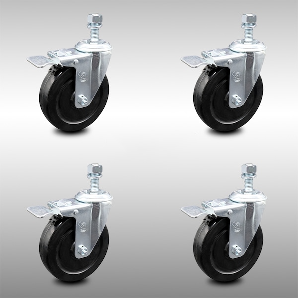 5 Inch SS Hard Rubber Swivel 10mm Threaded Stem Caster Set Total Lock Brake